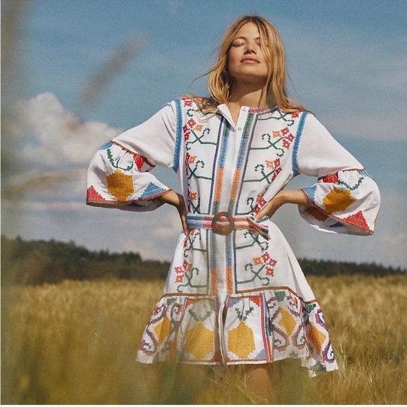 FARM Rio Dresses & Skirts - FARM Rio Embroidered Pineapple Dress Boho Floral Ruffle Hem Size XS